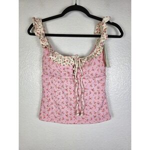 Blogilates Pink Floral Ruffle Lace‎ Up Tank Top Women's Size XS